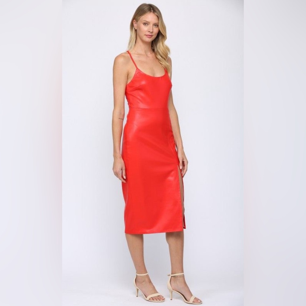FATE ORANGE LEATHER MIDI DRESS. LIKE NEW. SIZE S